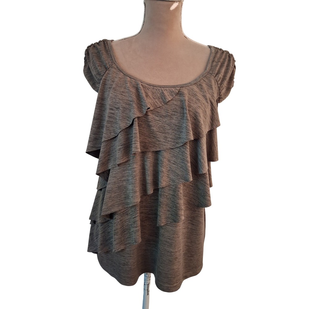AB Studio Womens XL Gray Space Dye Tiered Ruffle Front Cap Sleeve Blouse Top